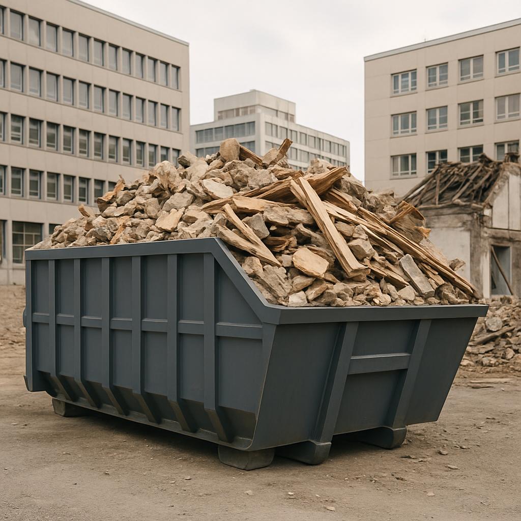 A gray dumpster full of rubble, likely used for construction debris.
