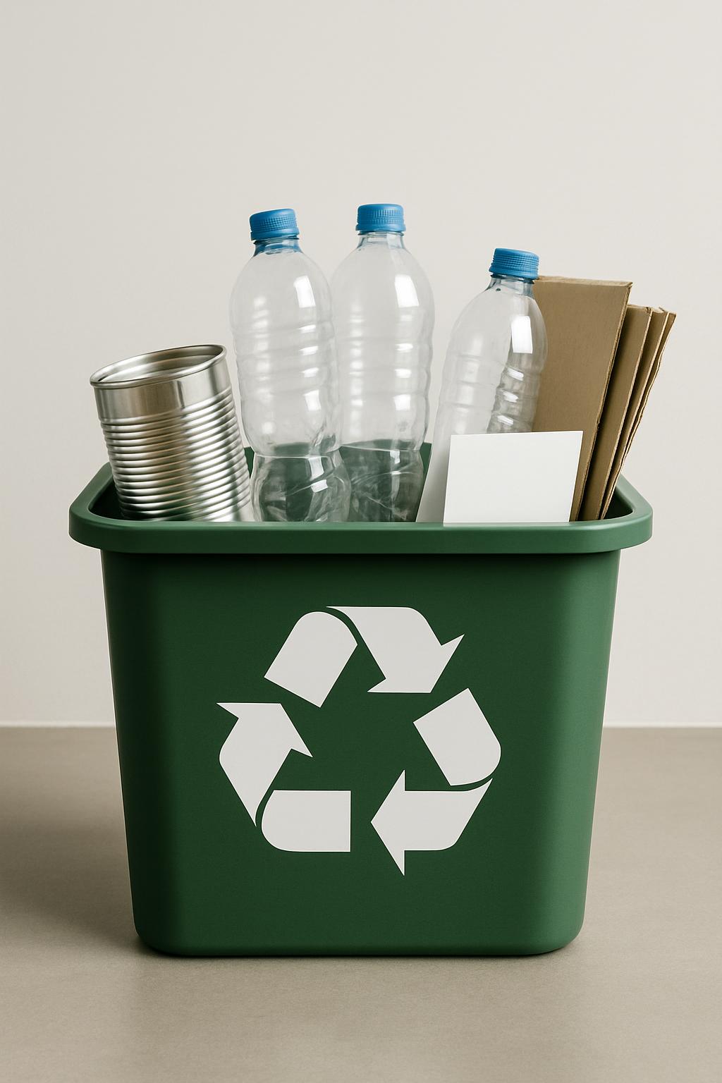 A green recycling bin with a white recycle symbol, filled with containers and handsheets of paper.